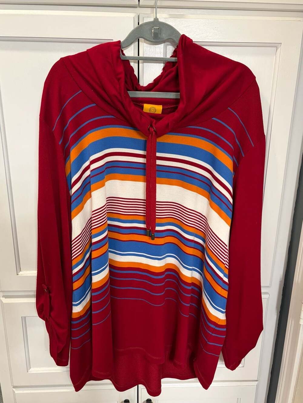 Ruby Rd. Woman Red Striped Long Sleeve Hoodie with Roll-Tab Sleeves 2X